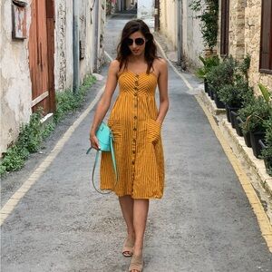 Japna Mustard and charcoal Striped Midi Dress
